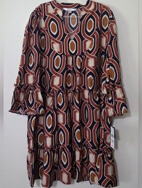 NWT Tiered Babydoll Dress Bell Sleeve Geometric Earthy Brown Boho 70s Retro XL